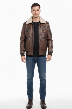 Aviator Kahverengi Armalı Hakiki Deri Erkek Bomber Mont