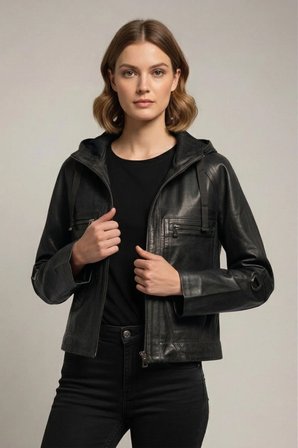 Siyah Stella Kapüşonlu Cepli Kadın Hakiki Deri Mont
