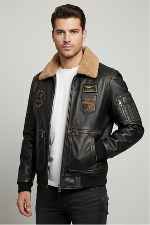Aviator Siyah Armalı Hakiki Deri Erkek Bomber Mont