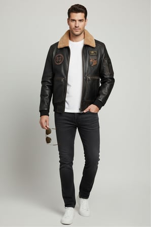 Aviator Siyah Armalı Hakiki Deri Erkek Bomber Mont