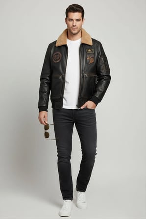 Aviator Siyah Armalı Hakiki Deri Erkek Bomber Mont