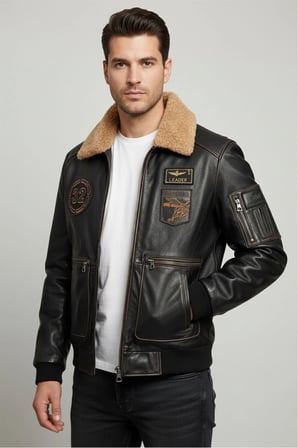 Aviator Siyah Armalı Hakiki Deri Erkek Bomber Mont