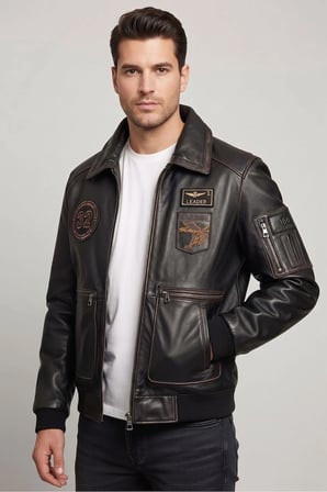 Aviator Siyah Armalı Hakiki Deri Erkek Bomber Mont