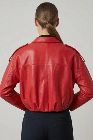 Narçiçeği Hakiki Deri Oversize Crop Kemerli Omuz Apolet Detaylı Kadın Ceket