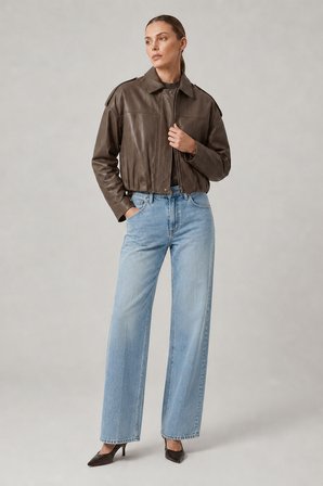 Kahverengi Hakiki Deri Oversize Crop Kemerli Omuz Apolet Detaylı Kadın Ceket