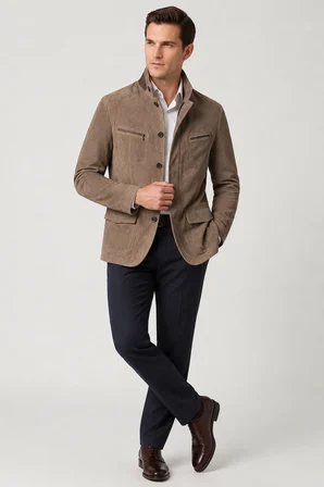 Bej Felix Erkek Astarlı Slim Fit Dar kesim Fermuarlı ve Düğmeli Blazer Hakiki Süet Ceket