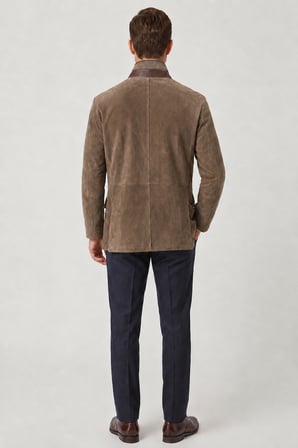 Bej Felix Erkek Astarlı Slim Fit Dar kesim Fermuarlı ve Düğmeli Blazer Hakiki Süet Ceket