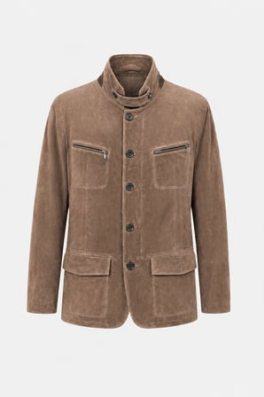 Bej Felix Erkek Astarlı Slim Fit Dar kesim Fermuarlı ve Düğmeli Blazer Hakiki Süet Ceket