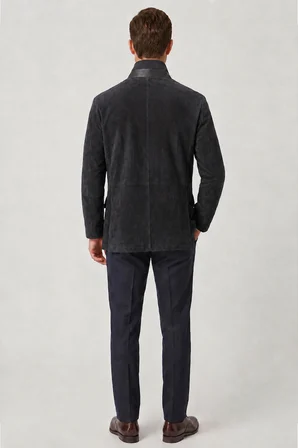 Antrasit Felix Erkek Astarlı Slim Fit Dar kesim Fermuarlı ve Düğmeli Blazer Hakiki Süet Ceket