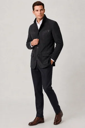 Antrasit Felix Erkek Astarlı Slim Fit Dar kesim Fermuarlı ve Düğmeli Blazer Hakiki Süet Ceket
