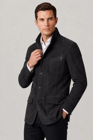 Antrasit Felix Erkek Astarlı Slim Fit Dar kesim Fermuarlı ve Düğmeli Blazer Hakiki Süet Ceket