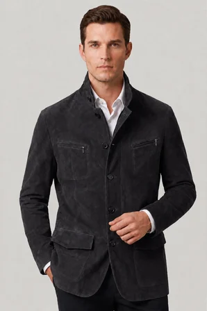 Antrasit Felix Erkek Astarlı Slim Fit Dar kesim Fermuarlı ve Düğmeli Blazer Hakiki Süet Ceket