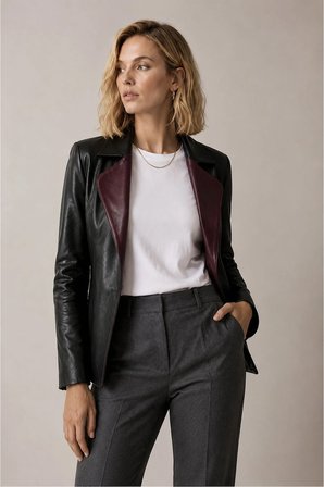 Liora Kadın Çift Taraflı Bordo Siyah Hakiki Deri Blazer Ceket