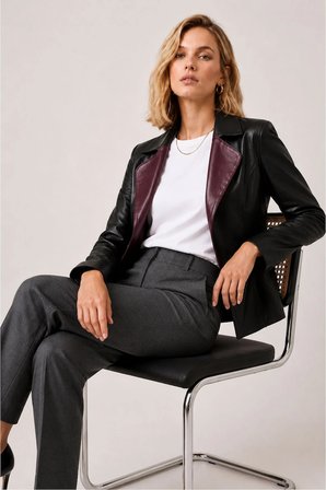Liora Kadın Çift Taraflı Bordo Siyah Hakiki Deri Blazer Ceket