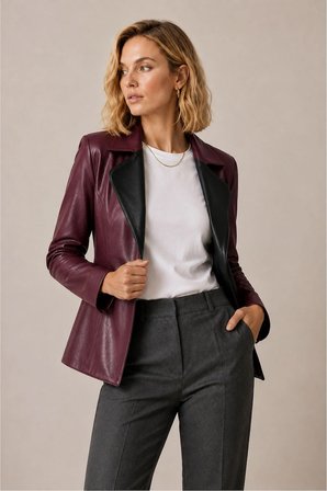Liora Kadın Çift Taraflı Bordo Siyah Hakiki Deri Blazer Ceket