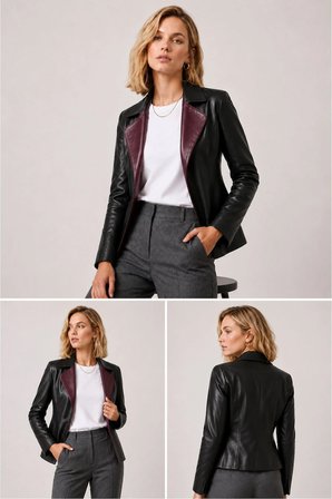 Liora Kadın Çift Taraflı Bordo Siyah Hakiki Deri Blazer Ceket
