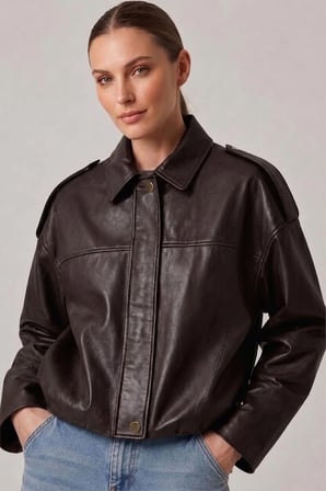 Koyu Kahverengi Hakiki Deri Oversize Crop Kemerli Omuz Apolet Detaylı Kadın Ceket