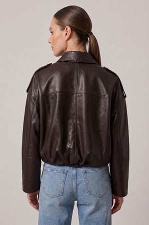 Koyu Kahverengi Hakiki Deri Oversize Crop Kemerli Omuz Apolet Detaylı Kadın Ceket