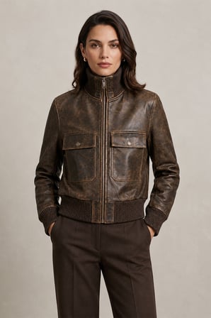 Lara Vintage Kahverengi Hakiki Deri Bomber Ceket
