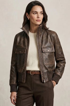 Lara Vintage Kahverengi Hakiki Deri Bomber Ceket
