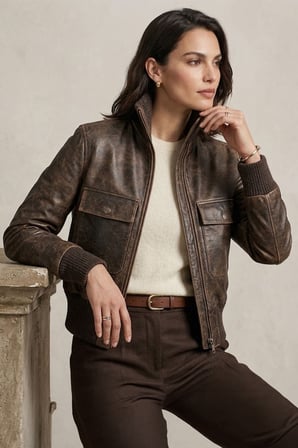 Lara Vintage Kahverengi Hakiki Deri Bomber Ceket