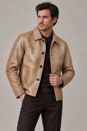 Theo Erkek Vintage Eskitme Camel Hakiki Deri Ceket