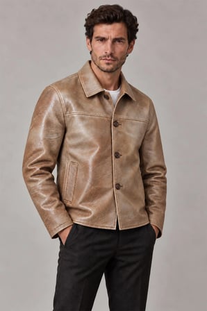 Theo Erkek Vintage Eskitme Camel Hakiki Deri Ceket