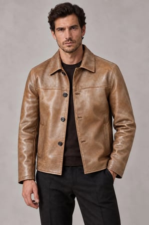 Theo Erkek Vintage Eskitme Camel Hakiki Deri Ceket