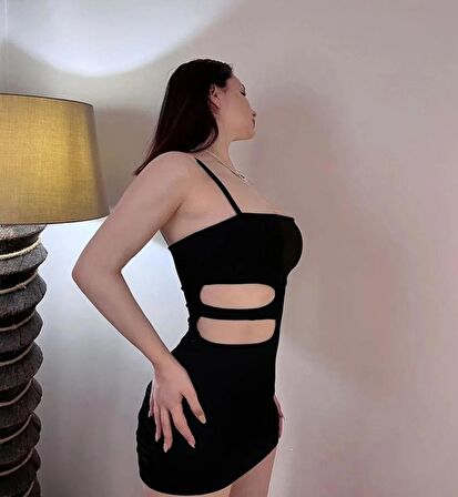 Sandy Kumaş Beli Cut Out Detay Askılı Mini Elbise