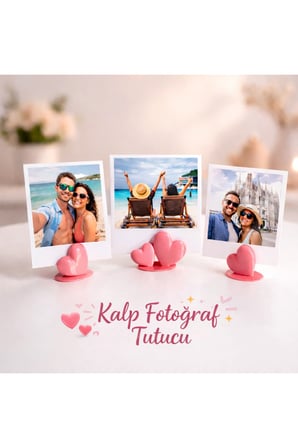 Besing Kalp Fotoğraf Tutucu Pembe 3'lü Set Masaüstü Dekoratif Tutucu