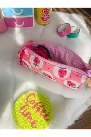 Besing Çilek Desenli Kalem Kutusu Pembe Fermuarlı Organizer