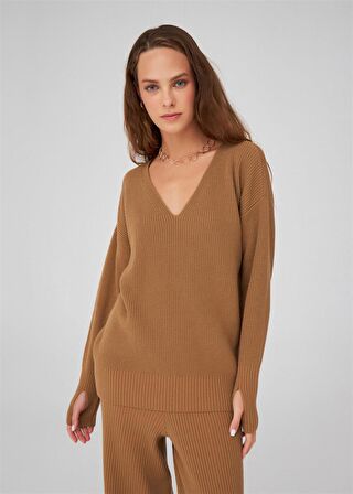 Peraluna V Yaka Bol Kesim Kaşmir Karışım Kadın Triko Kazak Camel