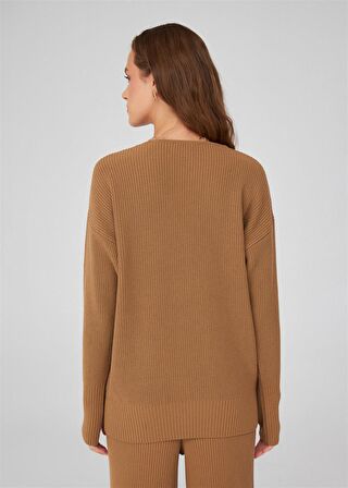 Peraluna V Yaka Bol Kesim Kaşmir Karışım Kadın Triko Kazak Camel