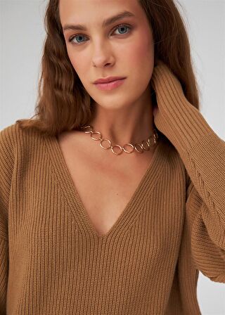 Peraluna V Yaka Bol Kesim Kaşmir Karışım Kadın Triko Kazak Camel