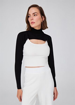 Peraluna Yarım Balıkçı Yaka Uzun Kollu Triko Omuzluk Siyah