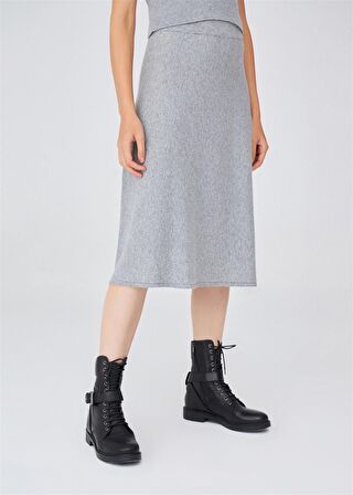 Peraluna Kloş Kesim Kaşmir Karışım Diz Altı Triko Etek Gri Melanj