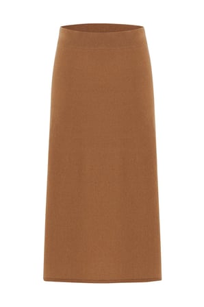 Peraluna Kloş Kesim Kaşmir Karışım Diz Altı Triko Etek Camel