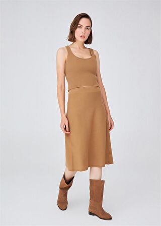 Peraluna Kloş Kesim Kaşmir Karışım Diz Altı Triko Etek Camel