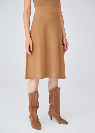 Peraluna Kloş Kesim Kaşmir Karışım Diz Altı Triko Etek Camel