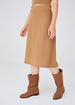 Peraluna Kloş Kesim Kaşmir Karışım Diz Altı Triko Etek Camel