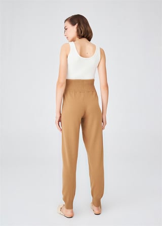 Peraluna Yüksek Bel Dar Paça Kaşmir Karışım Fit Kadın Triko Pantolon Camel