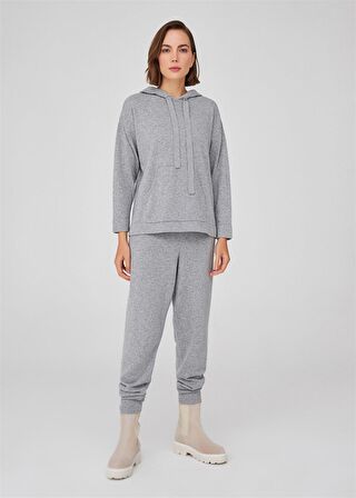 Peraluna Kaşmir Karışım Kapüşonlu Bol Kesim Kadın Triko Kazak Gri Melanj