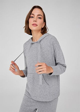 Peraluna Kaşmir Karışım Kapüşonlu Bol Kesim Kadın Triko Kazak Gri Melanj