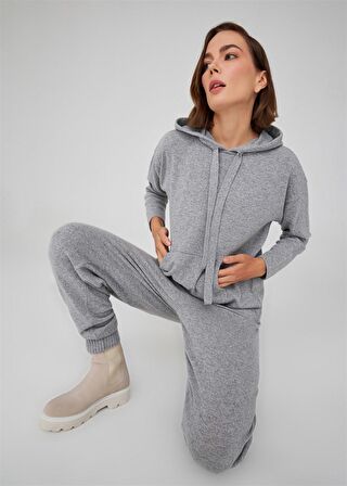Peraluna Kaşmir Karışım Kapüşonlu Bol Kesim Kadın Triko Kazak Gri Melanj
