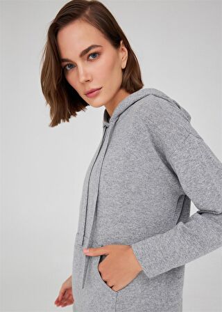 Peraluna Kaşmir Karışım Kapüşonlu Bol Kesim Kadın Triko Kazak Gri Melanj