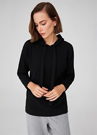 Peraluna Kaşmir Karışım Kapüşonlu Bol Kesim Kadın Triko Kazak Siyah