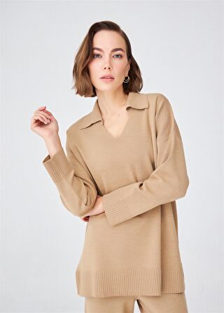 Peraluna Polo V Yaka Bol Kesim Kadın Triko Kazak Camel Melanj