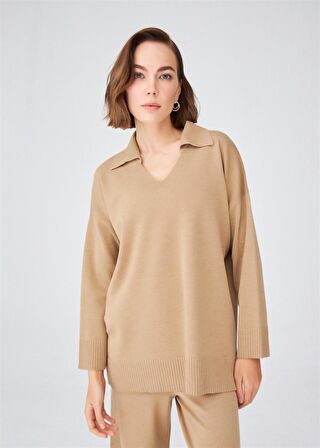 Peraluna Polo V Yaka Bol Kesim Kadın Triko Kazak Camel Melanj