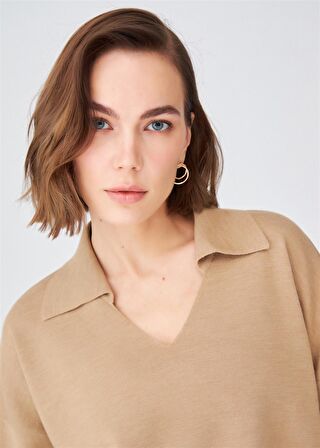 Peraluna Polo V Yaka Bol Kesim Kadın Triko Kazak Camel Melanj