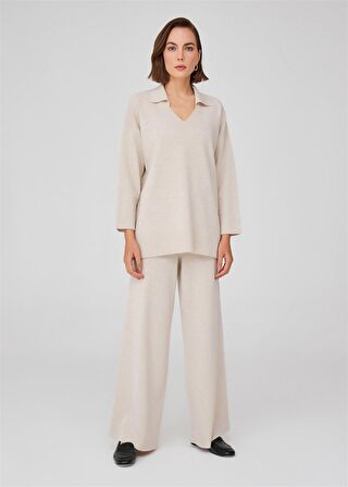 Peraluna Polo V Yaka Bol Kesim Kadın Triko Kazak Ekru Melanj